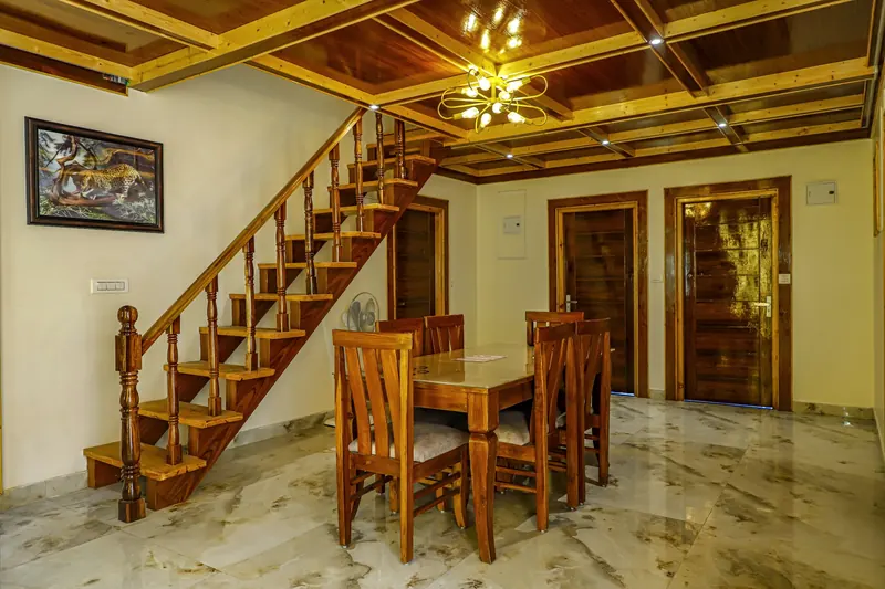 Dining hall with timber staircase